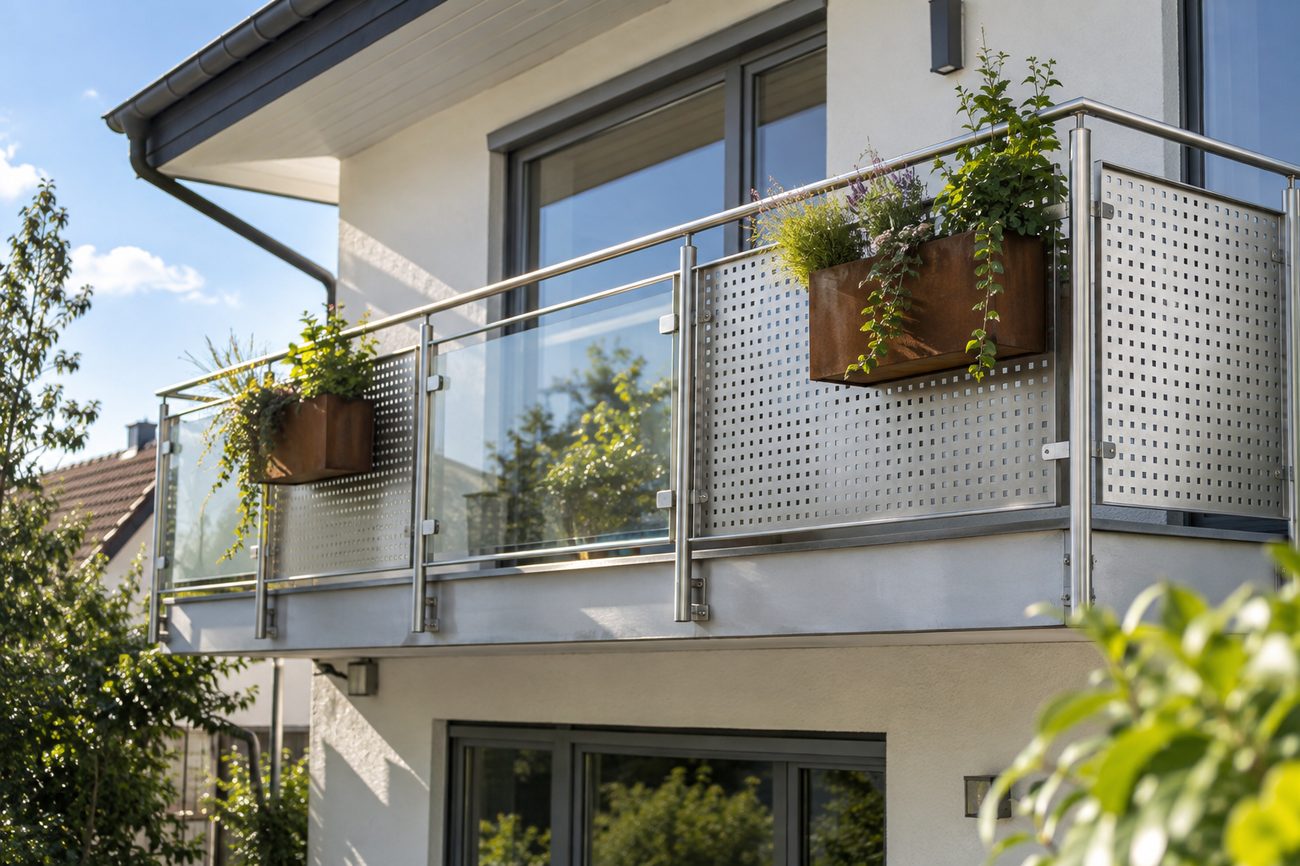 Edelstahl-Balkongeländer mit Lochblech, Glas und Pflanzkübeln